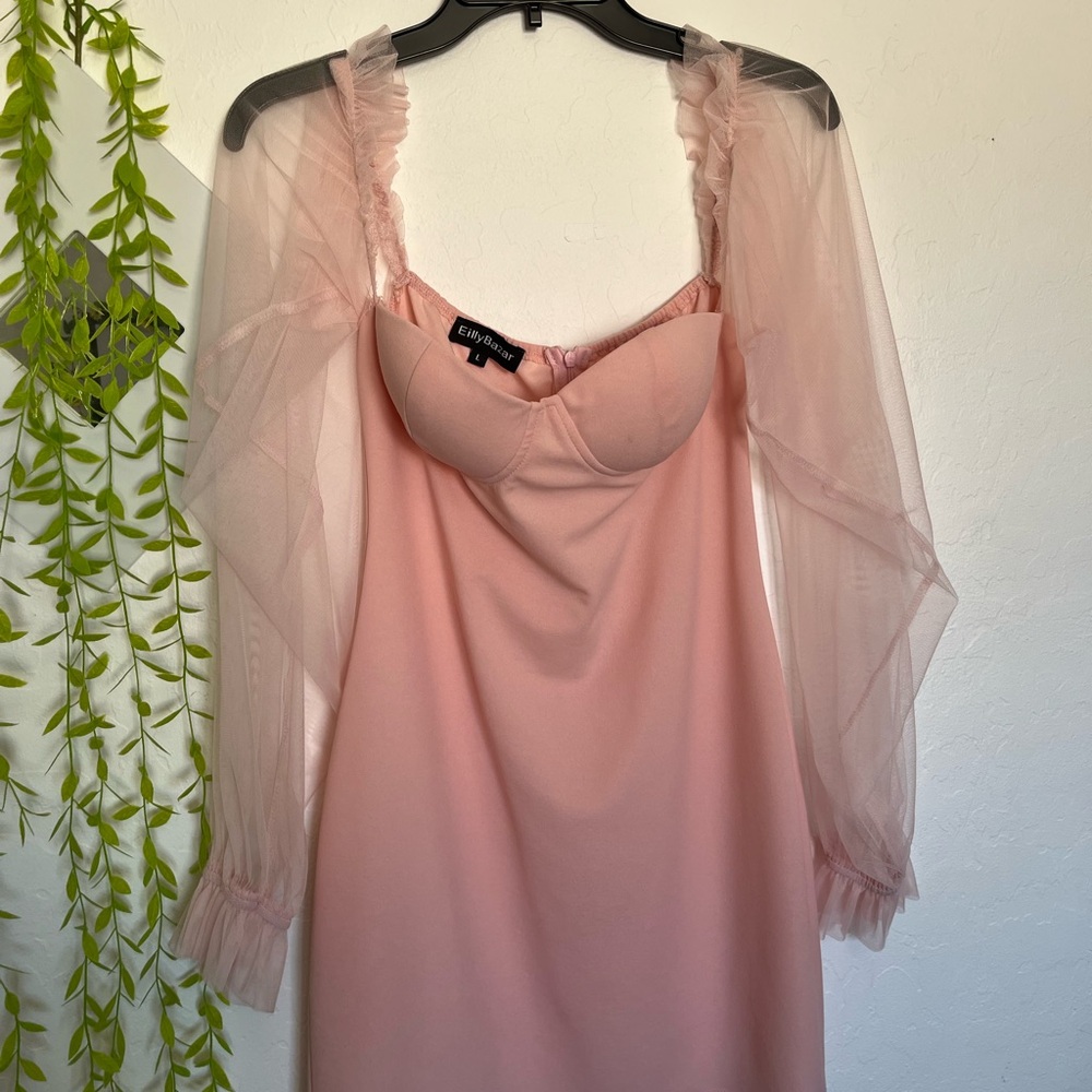 Pink Mini Dress with Sheer Long Sleeves